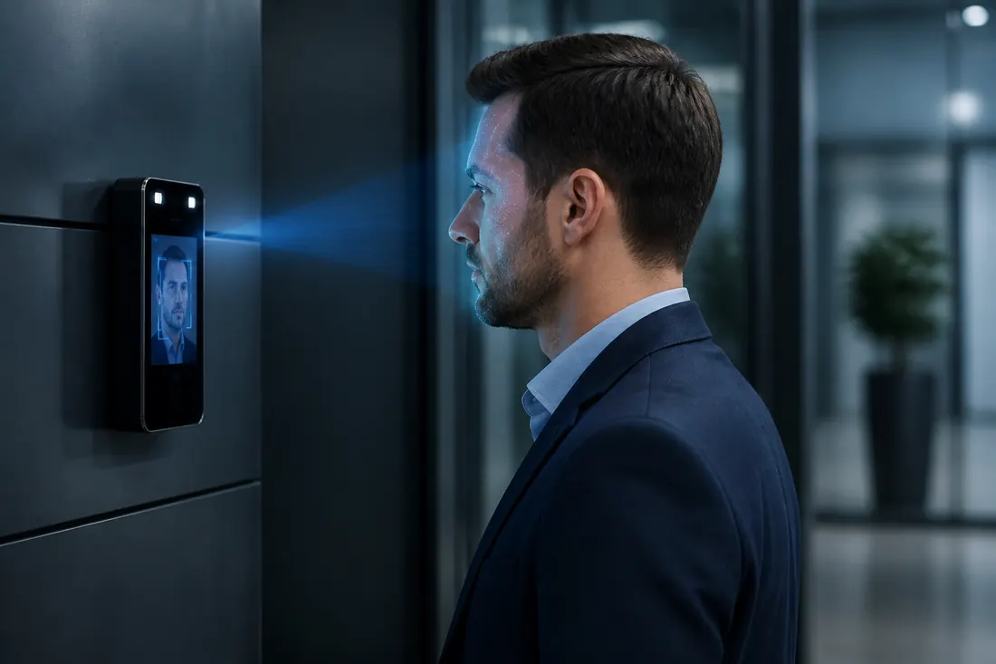 Facial recognition access control system scanning a visitor