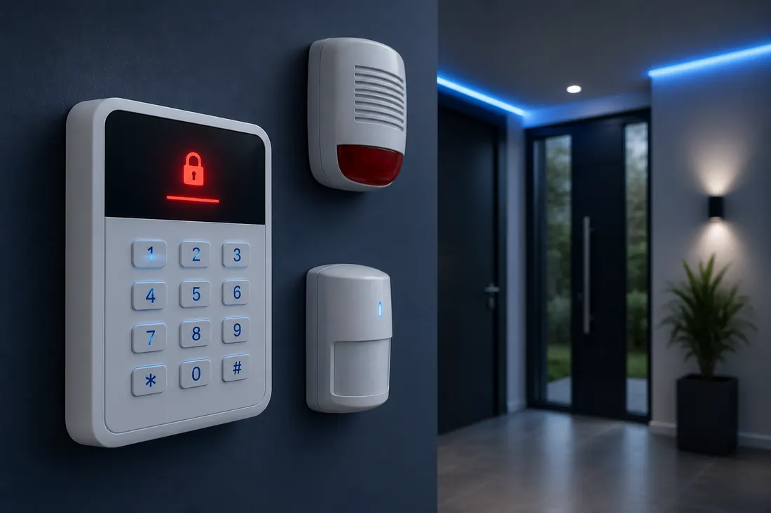 Alarm keypad, siren and motion detector protecting a property