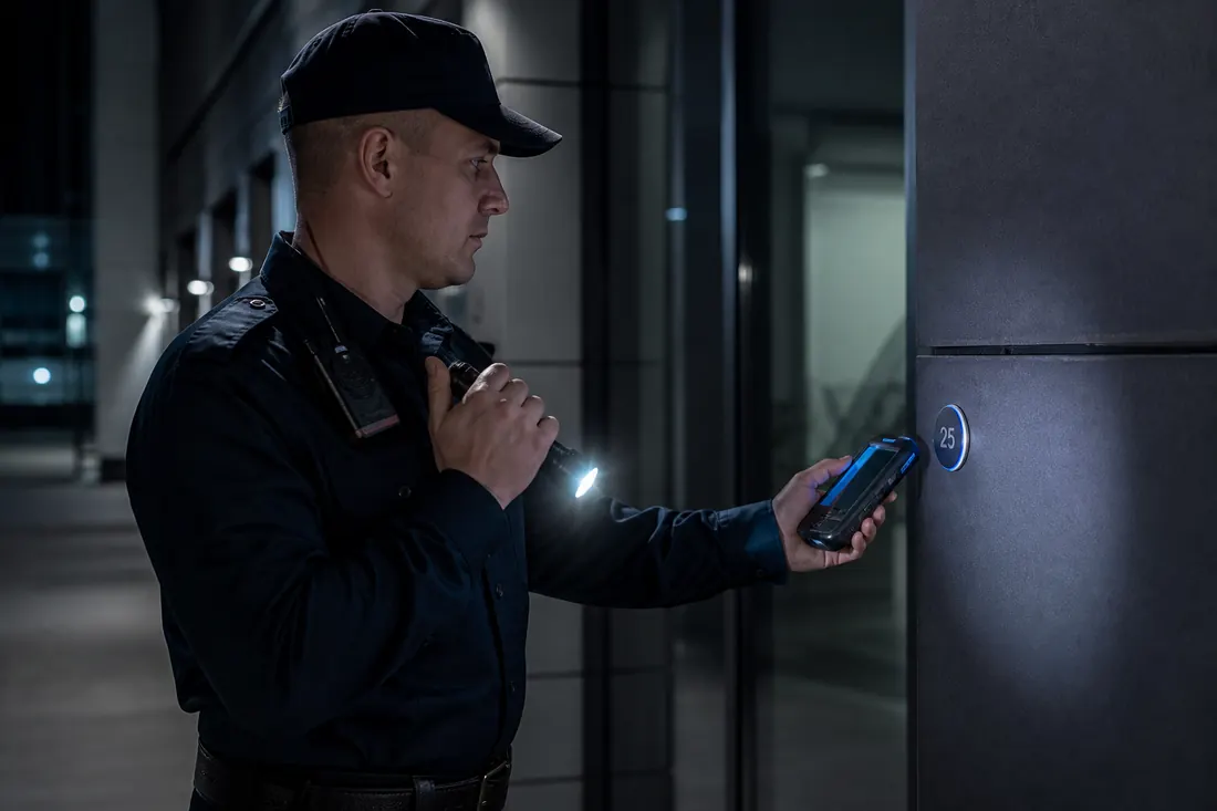 Security guard checking in at a patrol checkpoint
