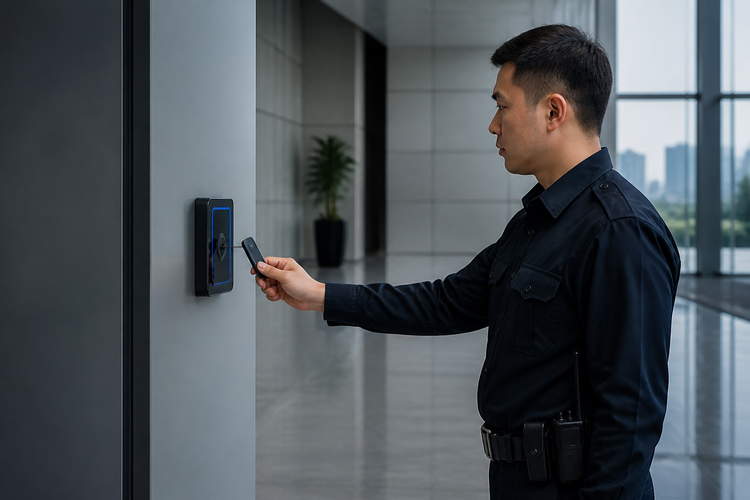 Security officer using a guard tour checkpoint